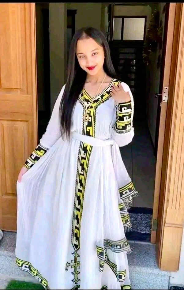 Arif Tibeb Black White Yellow Cross Design Habesha Dress – ArifTibeb