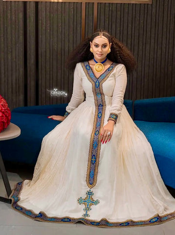 Blue And Golden Cross Habesha Dress