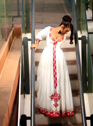 Red  And Long Cross Habesha Dress