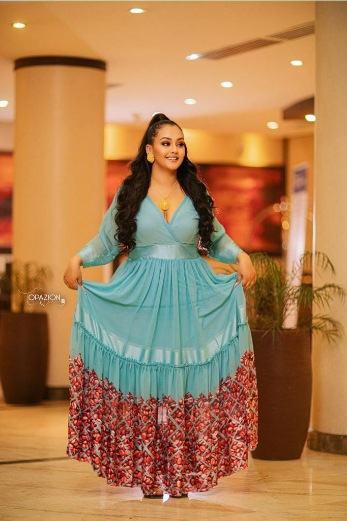 Ethiopian Eritrean Habesha Light Green Chiffon Dress ArifTibeb Ethiopian Eritrean Habesha Light Green Chiffon Dress ArifTibeb