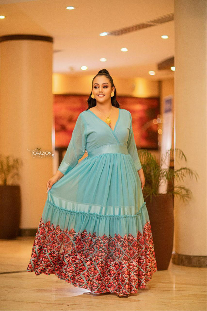 Ethiopian Eritrean Habesha Light Green Chiffon Dress ArifTibeb Ethiopian Eritrean Habesha Light Green Chiffon Dress ArifTibeb