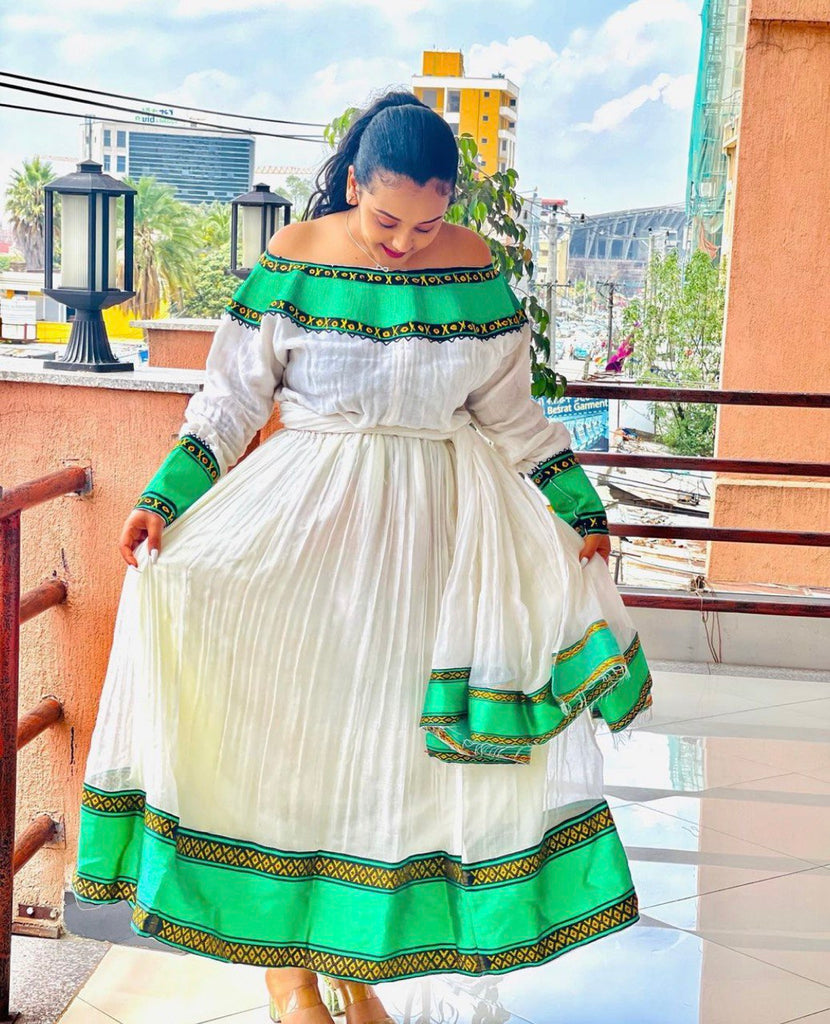 green ethiopian dress Beautiful& Elegant Habesha Dress Traditional Ethiopian Kemis with Green Tibeb Embroidery