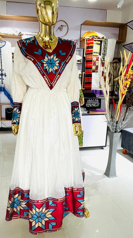 Arif Tibeb Red Blue White Diamond Design Habesha Dress ArifTibeb Arif Tibeb Red Blue White Diamond Design Habesha Dress ArifTibeb