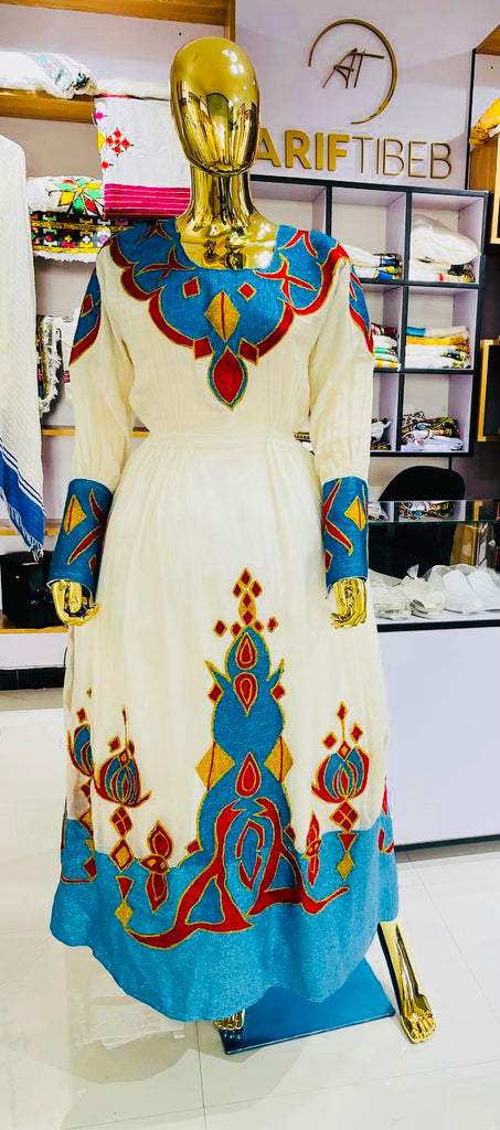 Arif Tibeb Blue Red Golden Diamond Design Habesha Dress ArifTibeb Arif Tibeb Blue Red Golden Diamond Design Habesha Dress ArifTibeb