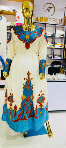 Blue Red Golden Diamond Design Ethiopian Eritrean Traditional Dress