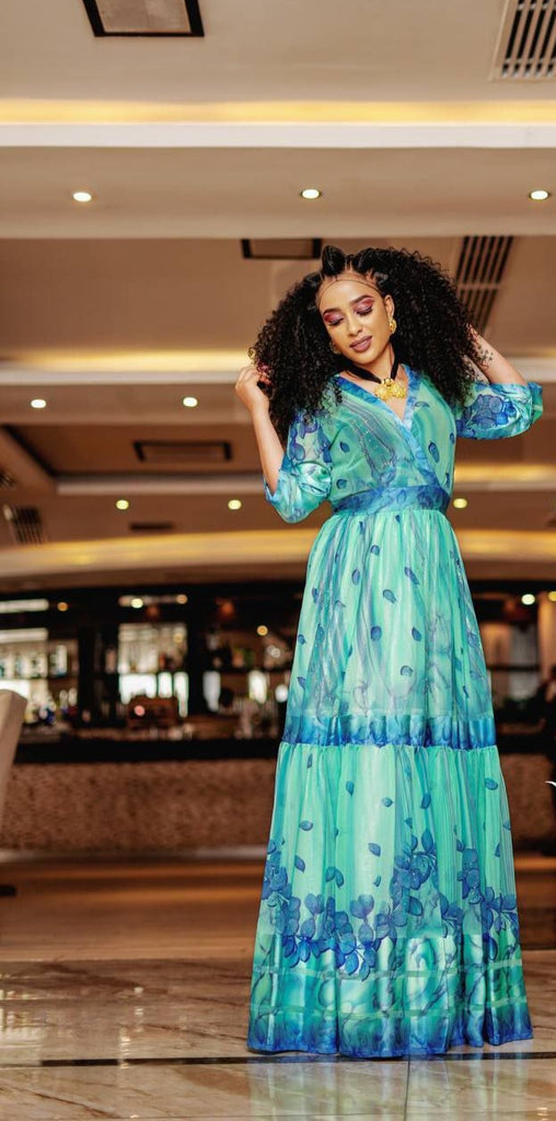 Ethiopian Eritrean Habesha V-Neck Blue Chiffon Dress