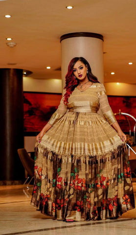 Ethiopian Eritrean Habesha Caramel Chiffon Dress