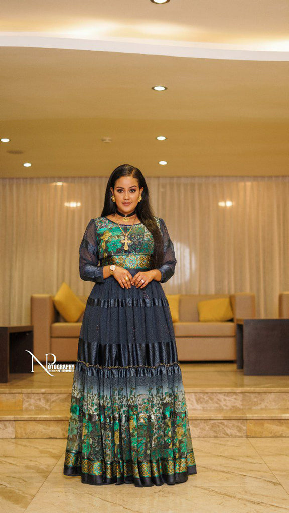 Ethiopian Eritrean Habesha Green Chiffon Dress ArifTibeb Ethiopian Eritrean Habesha Green Chiffon Dress ArifTibeb