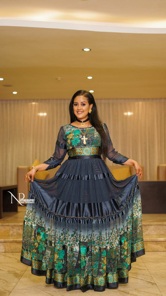 ethiopian traditional chiffon dress Gold Habesha shiffon Flowing Traditional Ethiopian & Eritrean Dress