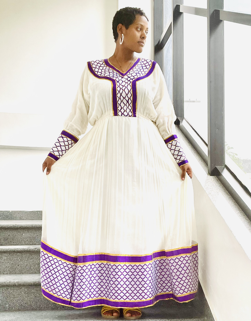 Arif Tibeb White Golden Purple Stripe Habesha Dress ArifTibeb Arif Tibeb White Golden Purple Stripe Habesha Dress ArifTibeb
